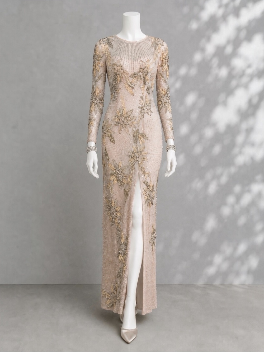 Vintage Oleg Cassini Blush Pink Beaded Sequin Floral Pearl Gown 4